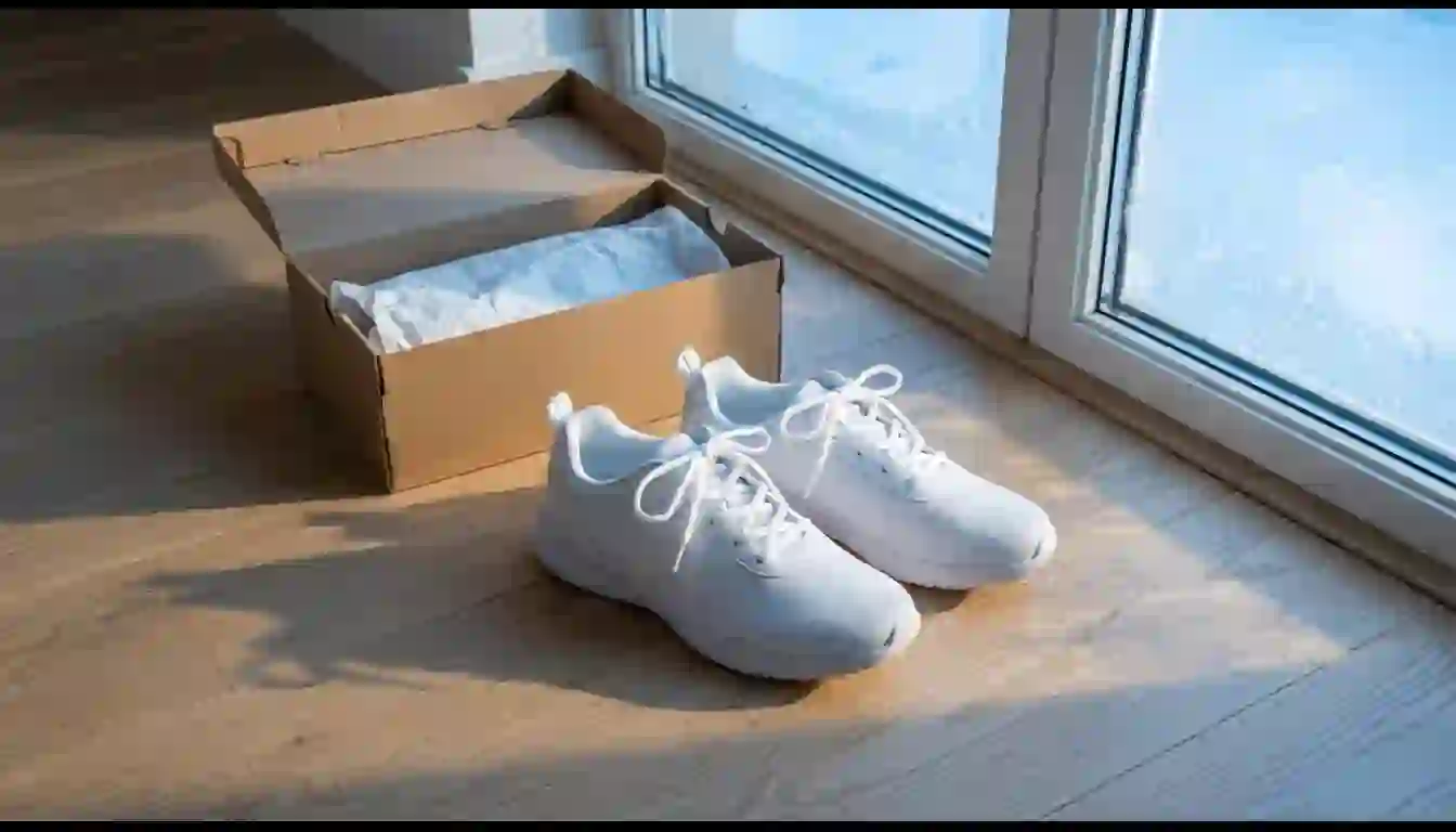 Enero es el mes en que más gente empieza. La jugada es tener sus plazas cerradas antes Zapatillas de correr blancas y nuevas junto a su caja abierta, en el suelo de madera de un dormitorio con luz fría de mañana de invierno