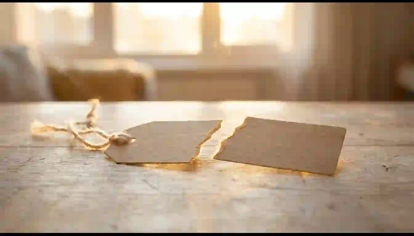 Romper tu propio precio por la mitad es fácil. Volver a subirlo, no tanto Etiqueta de precio de papel kraft en blanco rota en dos mitades sobre una mesa de roble, con luz cálida de ventana a contraluz