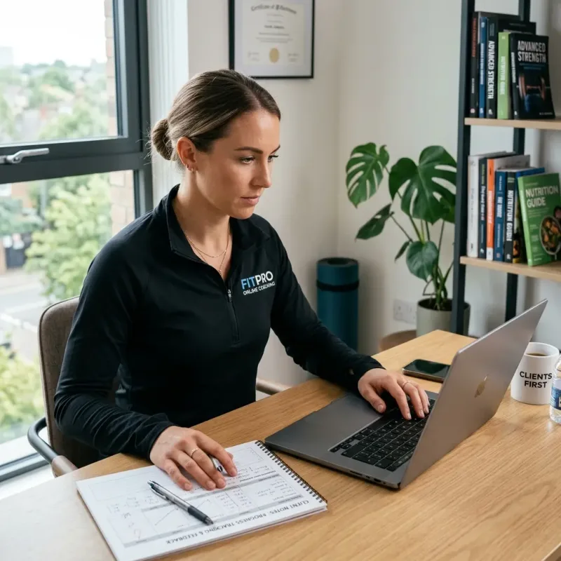 Entrenadora personal prestando un servicio premium a sus clientes desde su portátil con seguimiento profesional