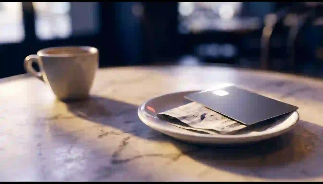 Tarjeta bancaria apoyada sobre una cuenta doblada en un platillo de cerámica, junto a una taza de café vacía, en una mesa de mármol
