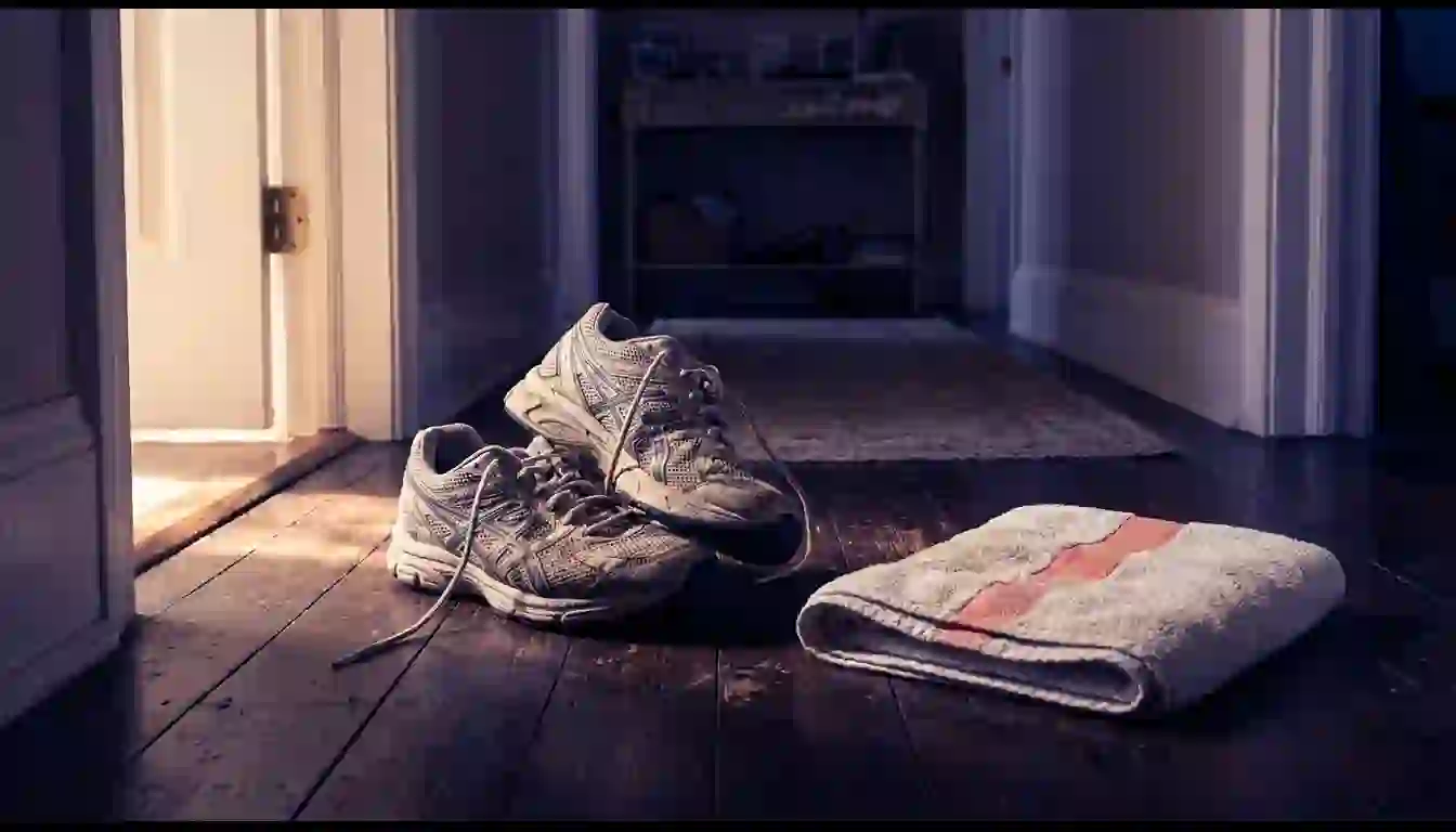 Zapatillas de correr usadas y una toalla doblada en el suelo de madera de la entrada de una casa, con luz de tarde