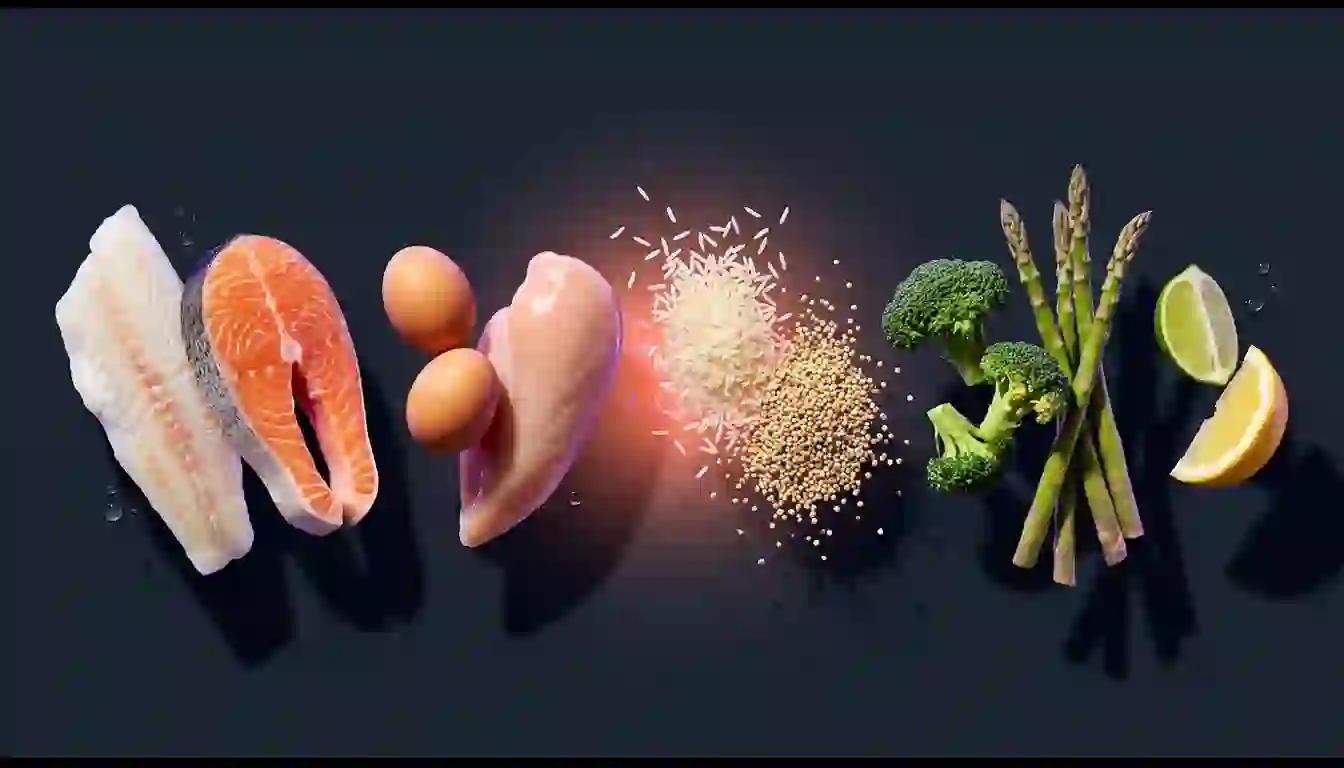 Ingredientes frescos flotando por parejas equivalentes sobre fondo oscuro: pescado blanco junto a salmón, huevos junto a pechuga de pollo, arroz junto a quinoa, brócoli junto a espárragos