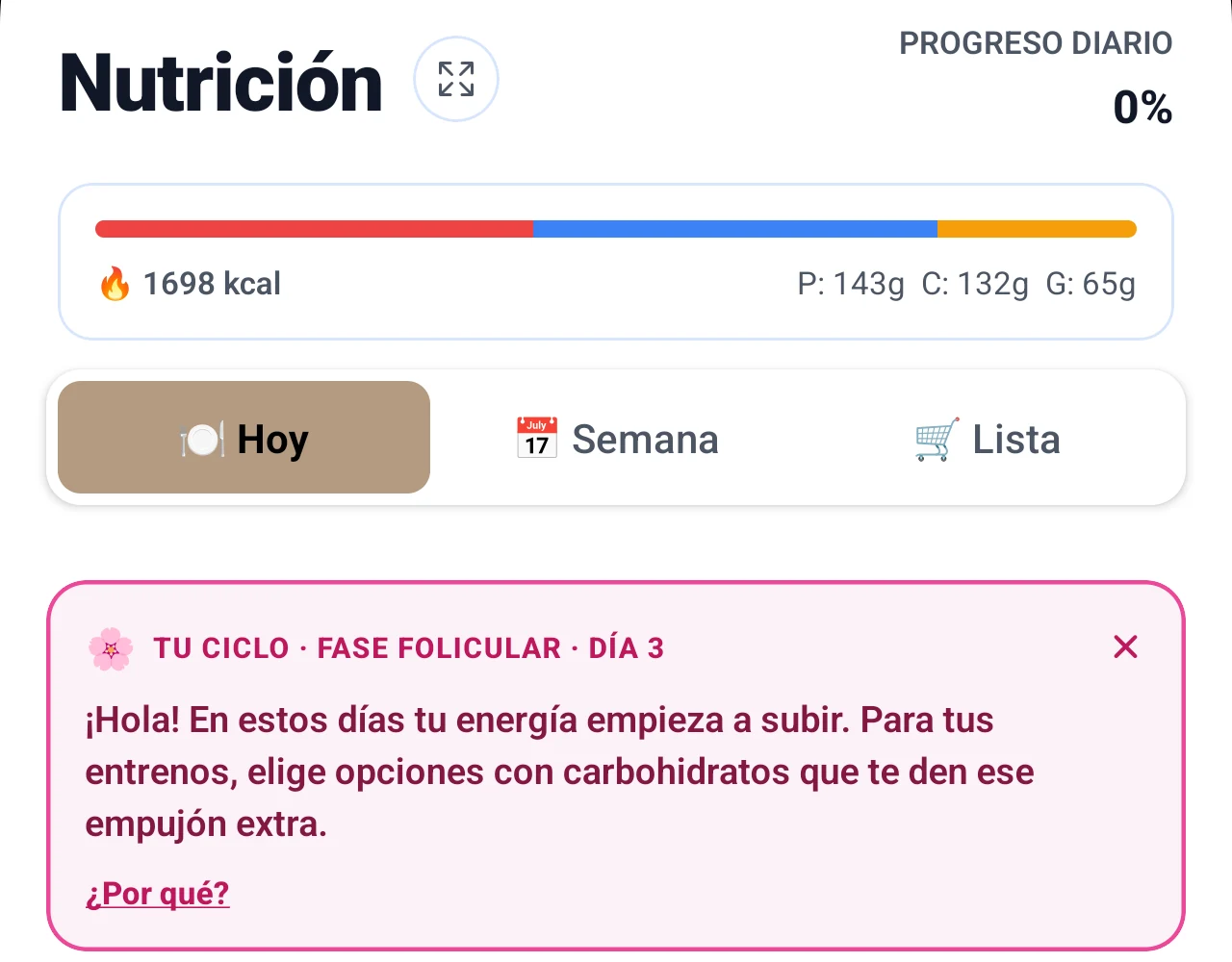 Pantalla de nutrición del cliente con el aviso de fase del ciclo menstrual, el consejo nutricional del día y el enlace para consultar el porqué