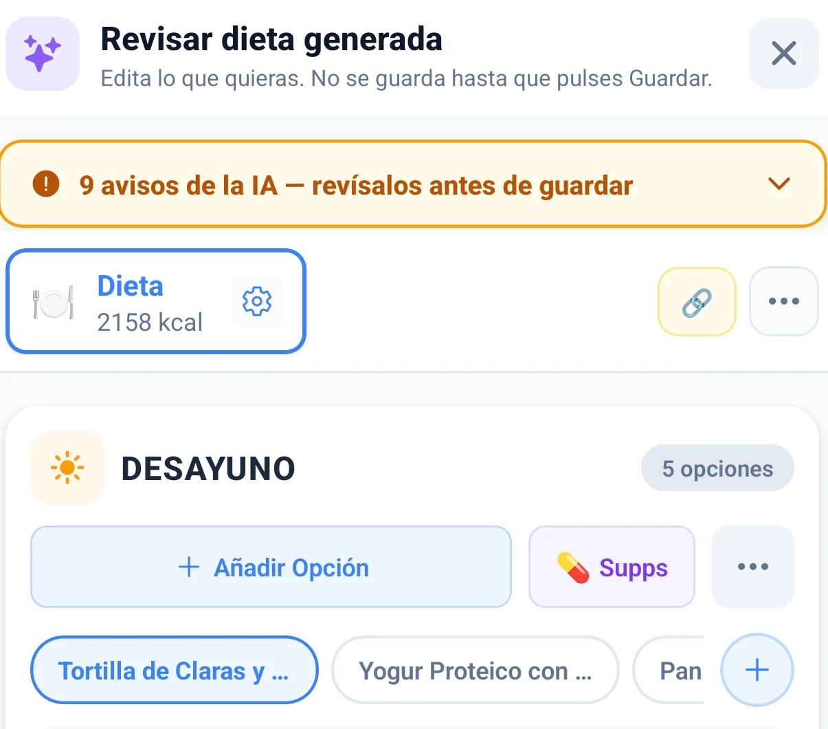 Revisión de la dieta generada por IA antes de guardarla, con los avisos del sistema y varias opciones por comida