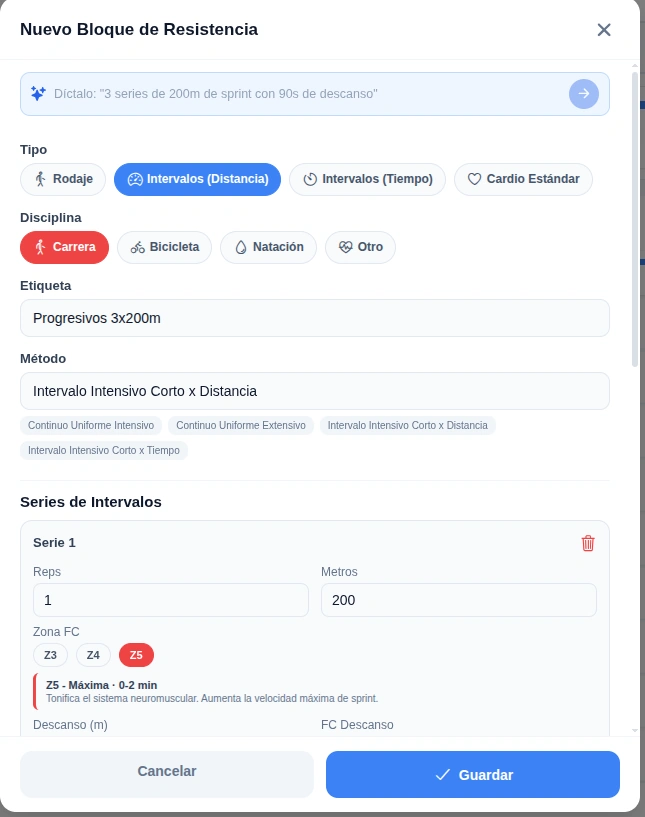 Modal 'Nuevo Bloque de Resistencia' de TotalGains con tipo Intervalos por Distancia, disciplina Carrera, método Intervalo Intensivo Corto por Distancia, Serie 1 con 200 m y zona Z5