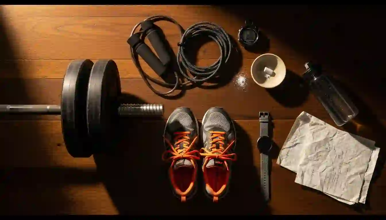 Flat lay cenital sobre suelo de madera de gimnasio con barbell cargada, zapatillas de correr con cordones naranjas, smartwatch, jump rope, cronómetro, papel de plan de entrenamiento, botella de agua y chalk bowl