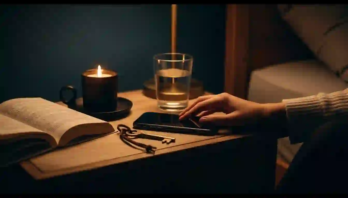 Lo tuyo es tuyo. Compartir es una decisión activa, no una casilla marcada por defecto. Mesita de noche con móvil boca abajo, vela encendida, libro abierto boca abajo, vaso de agua y llave de latón, atmósfera íntima con lámpara cálida
