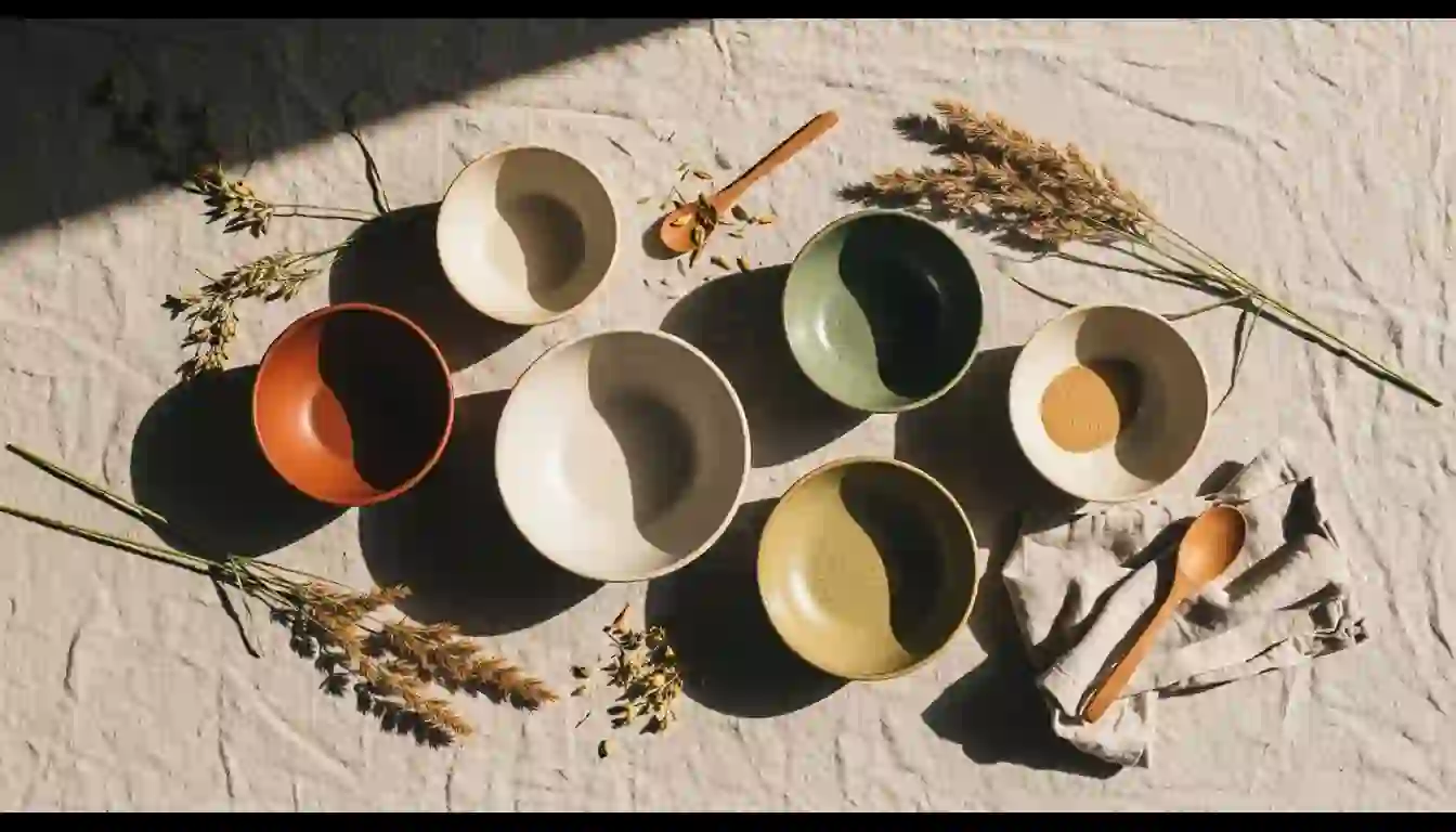 Ningún ciclo es igual a otro, y ningún plan estándar los cubre bien Cinco cuencos de cerámica de distintos tamaños y colores dispuestos sobre lino natural con hierbas secas alrededor, metáfora visual de la variabilidad individual entre mujeres