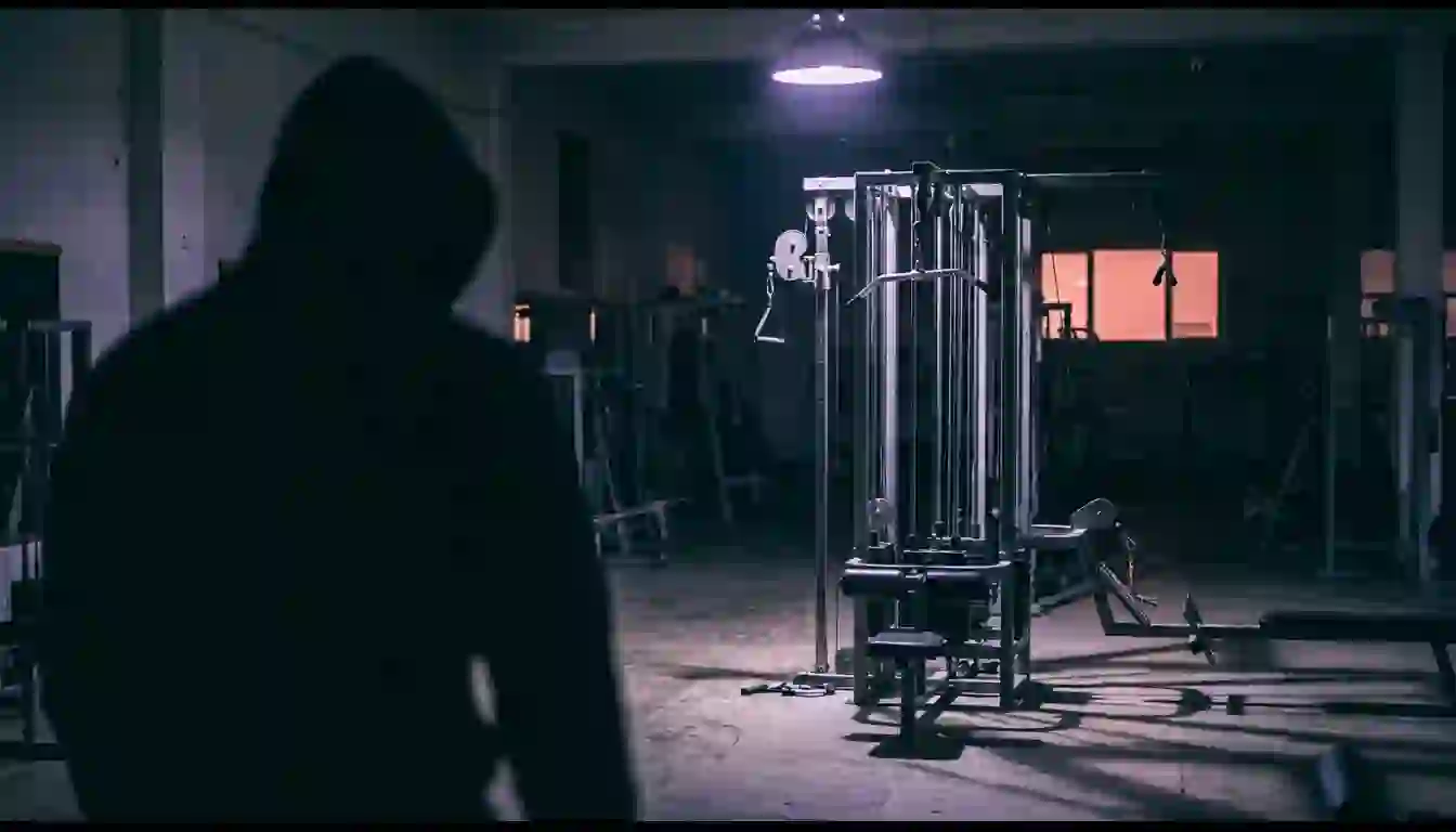 El cliente no te pregunta qué es ese ejercicio: se lo salta o improvisa Silueta de espaldas de una persona parada frente a una máquina de poleas iluminada en un gimnasio en penumbra