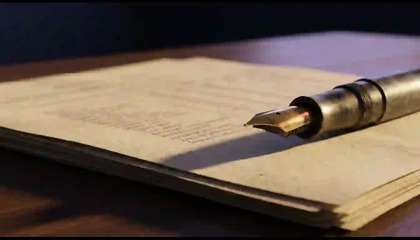 La responsabilidad no cambia de manos porque el borrador lo escriba otro Pluma estilográfica de plumín dorado apoyada sobre un montón de folios impresos en un escritorio de nogal, con luz lateral cálida