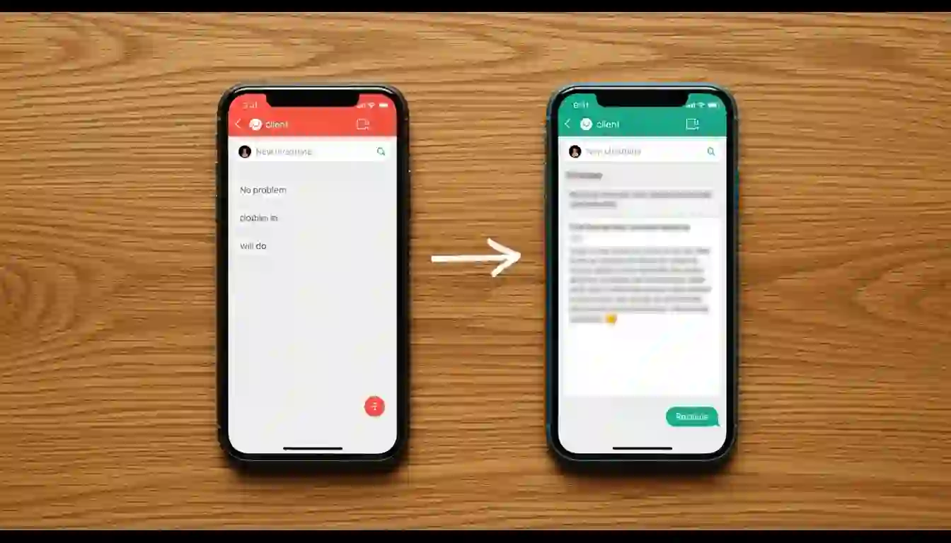 Mismo mensaje, dos respuestas, tres meses de diferencia en la renovación Dos móviles sobre una mesa de madera con la misma conversación de cliente: el izquierdo con respuestas cortas y tinte rojo, el derecho con respuesta estructurada y tinte verde, flecha blanca apuntando al derecho