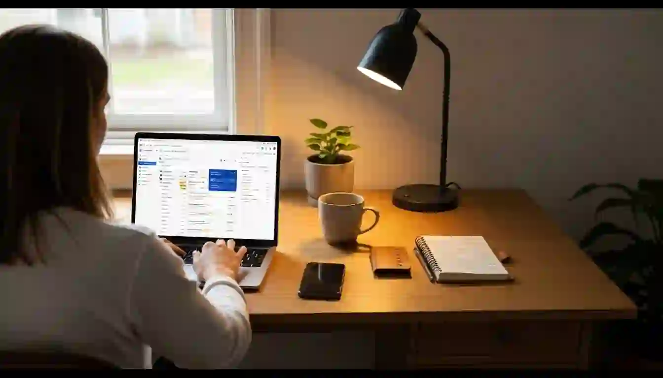 Con la ficha del cliente delante, ni siquiera te tienta contestar en modo reflejo Coach de espaldas trabajando en un portátil con panel estructurado a la luz natural de la mañana, café humeante, plantita en tiesto, móvil boca abajo sobre la mesa