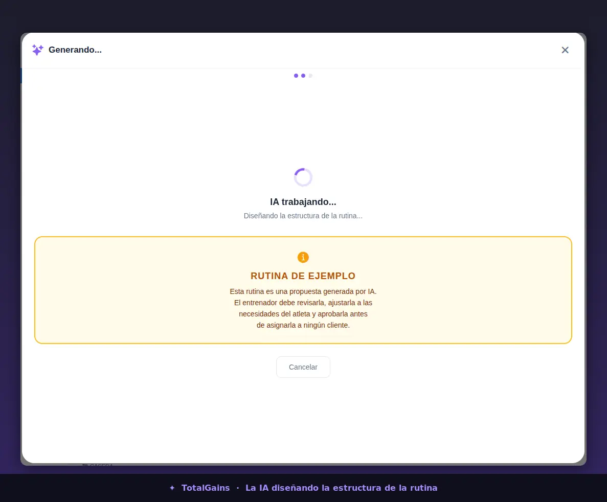 Pantalla de la IA trabajando: la IA está diseñando la estructura de la rutina paso a paso