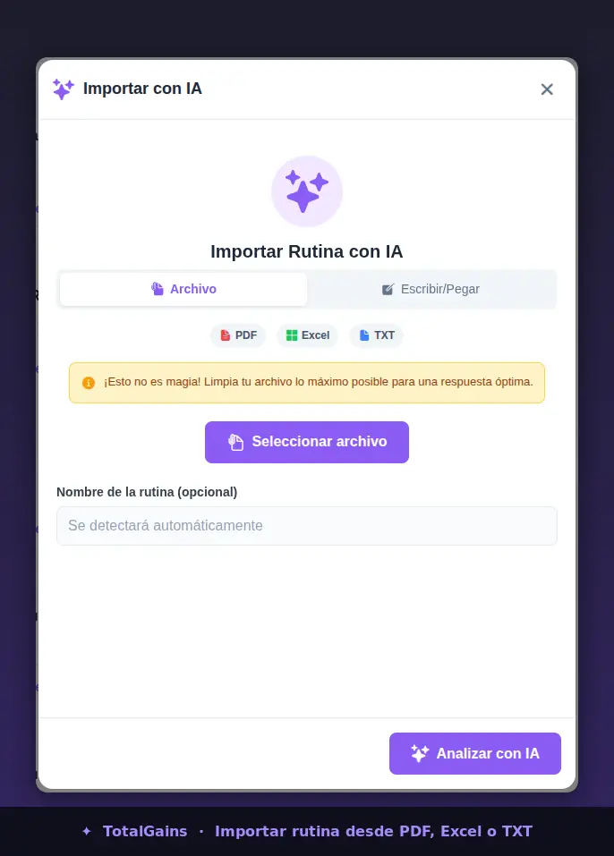 Modal Importar Rutina con IA en TotalGains: subida de archivo PDF, Excel o TXT con análisis automático