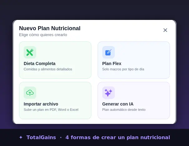Crear nuevo plan nutricional en TotalGains: opciones de dieta completa, plan flex, importar archivo o generar con IA