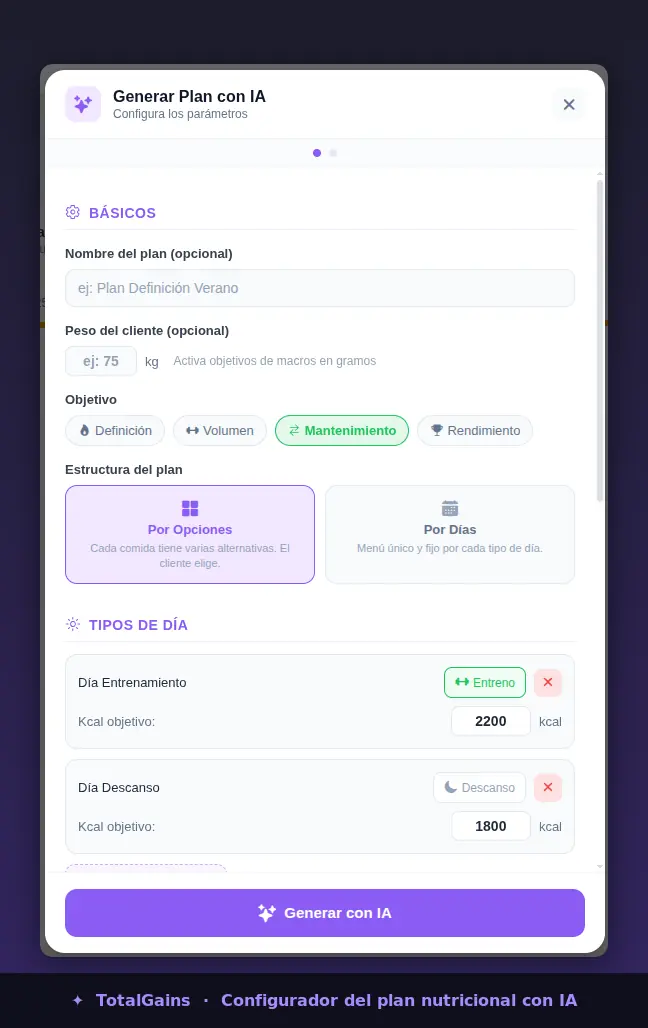 Configurador del plan nutricional con IA: objetivo, peso del cliente, estructura por opciones o días, y kcal objetivo por tipo de día