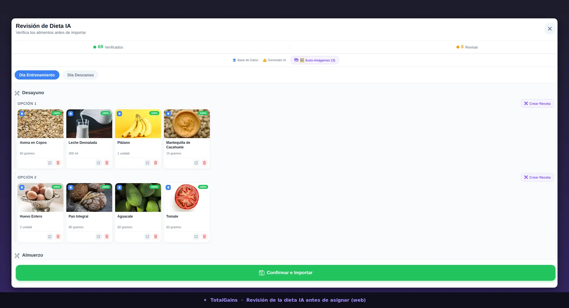 Revisión de la dieta generada por IA en TotalGains: 69 alimentos verificados, opciones por comida con macros y porcentaje de match