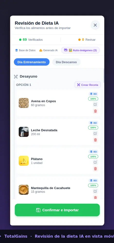 Vista móvil de la revisión de dieta generada con IA en TotalGains, mostrando opciones de alimentos por comida