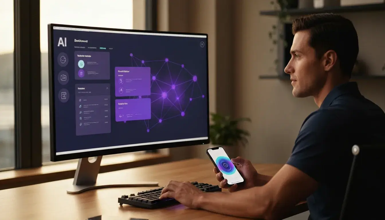 Entrenador personal trabajando con dashboard de IA para crear rutinas y planes nutricionales personalizados