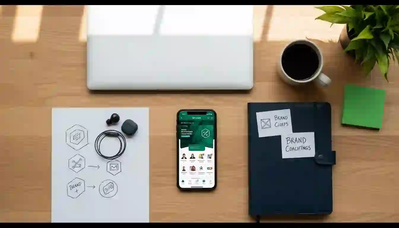 Entrenadora personal en gimnasio mostrando app marca blanca con su propia identidad visual en el smartphone