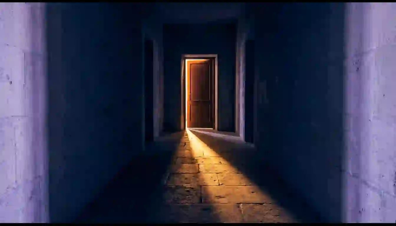 No hace falta abrir la puerta del todo. Basta con dejarla entornada Puerta entreabierta al fondo de un pasillo oscuro, con una cuña de luz cálida saliendo por la rendija hacia la cámara