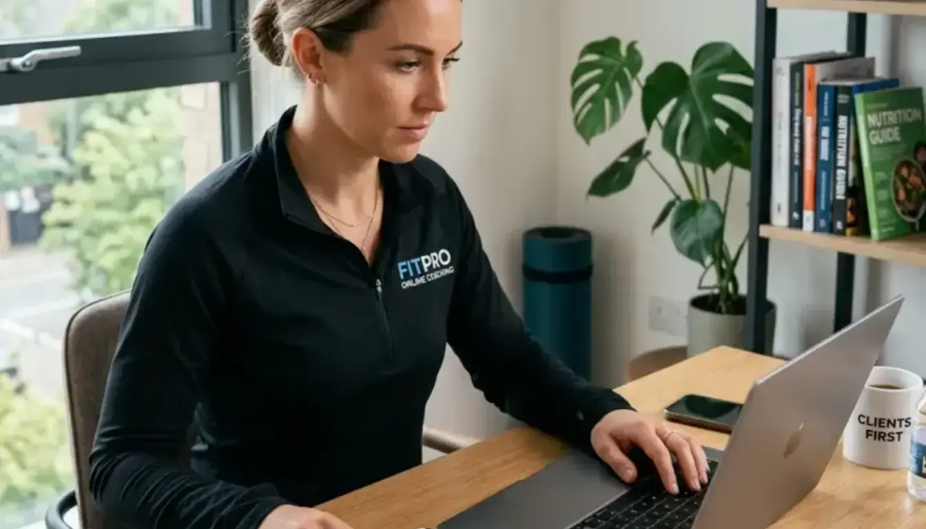 Entrenadora personal analizando opciones de migración de software con su portátil — fase de decisión