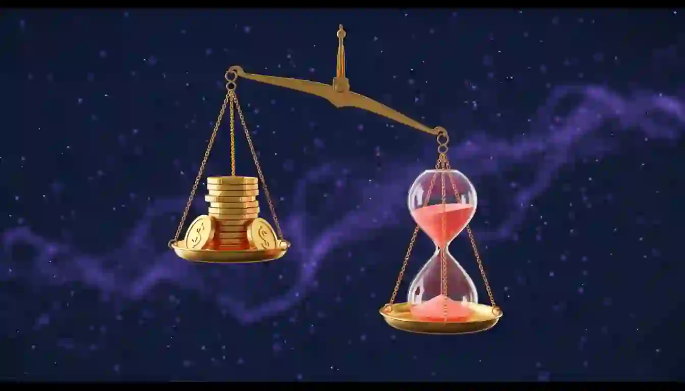 Ilustración conceptual de la balanza entre tiempo y dinero para el coach online: un reloj y una pila de monedas equilibrándose sobre una plataforma minimalista