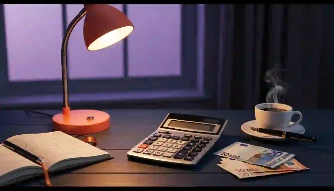 Coach personal online calculando su tarifa real por hora frente a una calculadora abierta y billetes de euro sobre la mesa