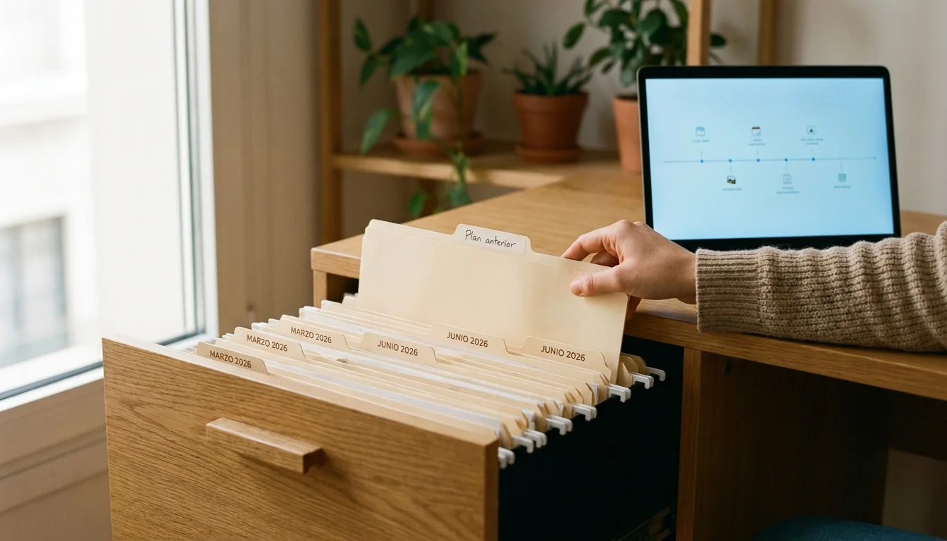 El histórico digital, entendido como archivo físico Archivador de madera con carpetas etiquetadas por fecha (Marzo 2026, Junio 2026) y una mano sacando la carpeta 'Plan anterior', con laptop mostrando la línea temporal a la derecha