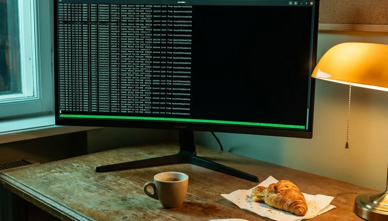 Al otro lado del email, no hay un ticket. Hay una persona. Escritorio de madera con monitor mostrando logs de terminal en verde, café espresso y cruasán a medio comer bajo una lámpara de banquero cálida
