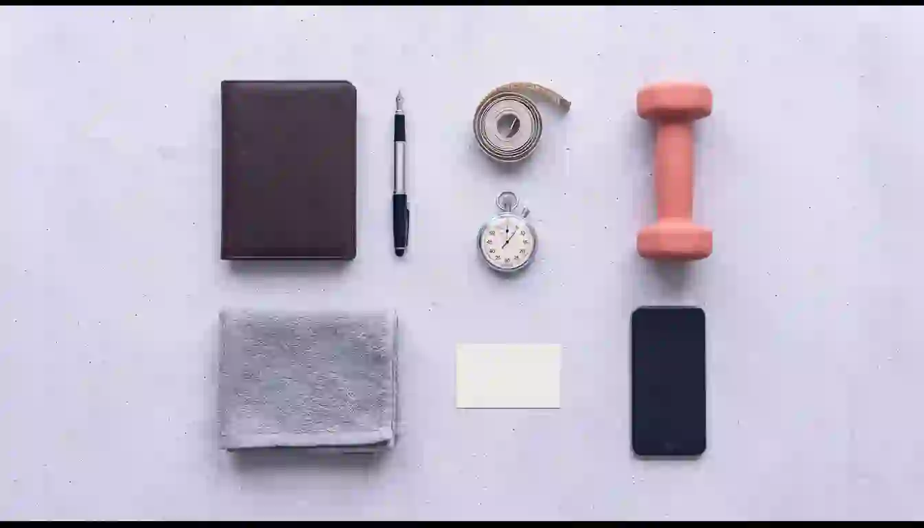 Todo decidido y en su sitio antes del día 1: eso es lo que hace que las diez altas quepan Objetos de trabajo de un entrenador personal alineados en rejilla sobre hormigón: libreta, pluma, cinta métrica, cronómetro, mancuerna, toalla, tarjeta y móvil boca abajo