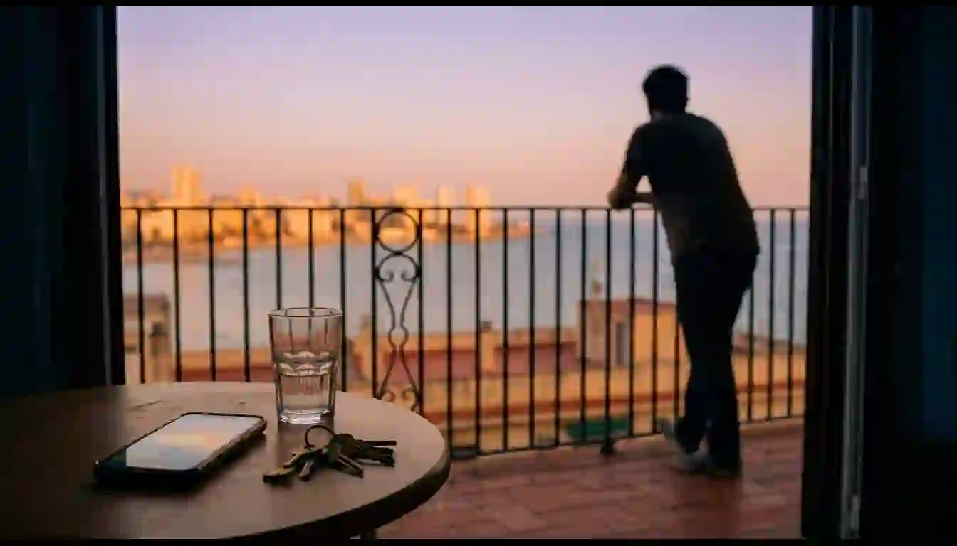 La última tarde tranquila: aquí es donde tu cliente decide, no el 1 de septiembre Persona de espaldas en un balcón al atardecer de finales de verano mirando la ciudad, con el móvil y las llaves sobre la mesa en primer plano