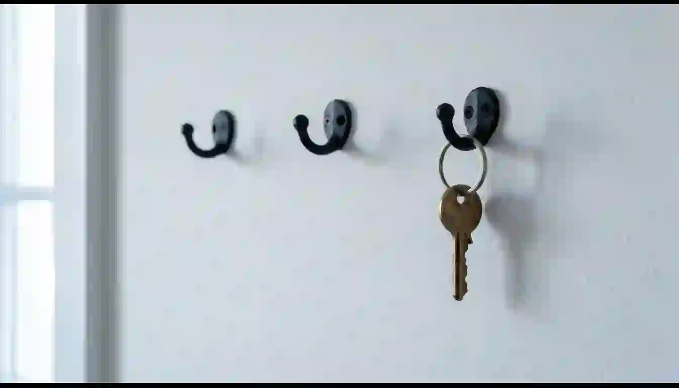 La copia que no necesitas hasta el día que la necesitas Pared blanca de un recibidor con tres colgadores negros, dos vacíos y uno con una llave de repuesto de latón, con luz suave de mañana