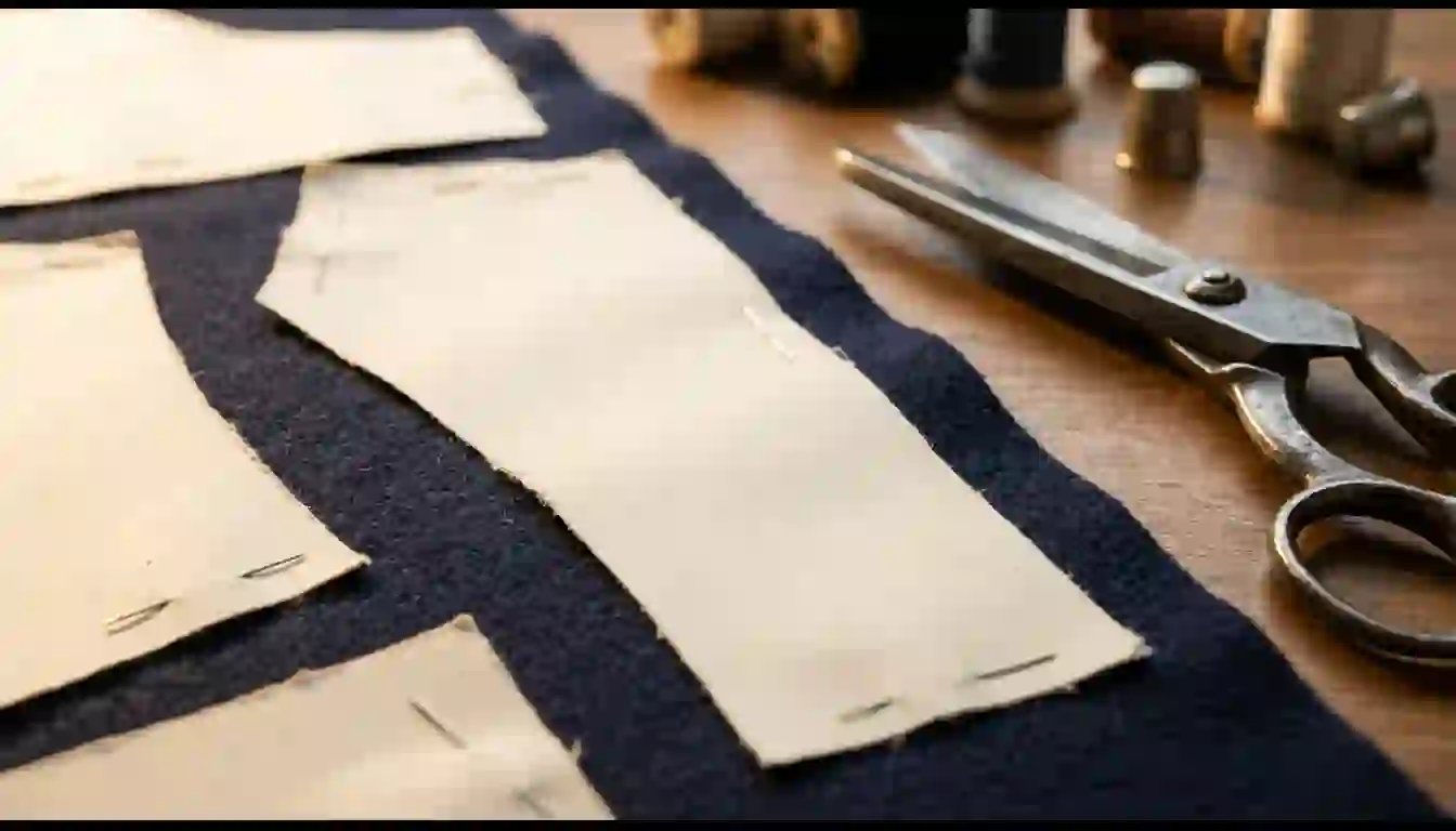 No todo se hace en dos días, pero lo que pides lo lee alguien que decide qué se programa Patrones de costura de papel en blanco sujetos con alfileres sobre una tela azul marino, con unas tijeras de sastre abiertas al fondo