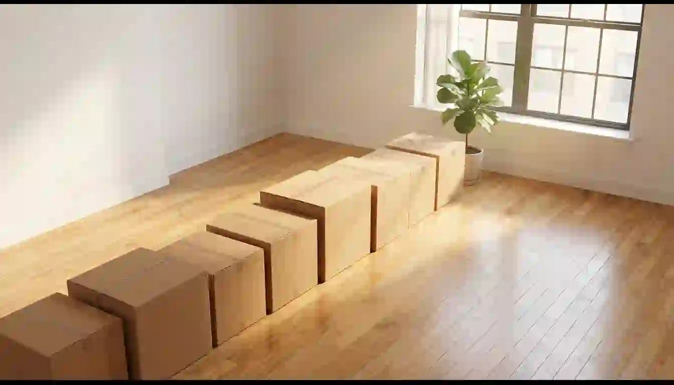 Una mudanza bien hecha es la que no notan tus clientes Cajas de mudanza cerradas y sin rotular, alineadas en diagonal en un piso vacío y luminoso con suelo de madera y una planta junto a la ventana
