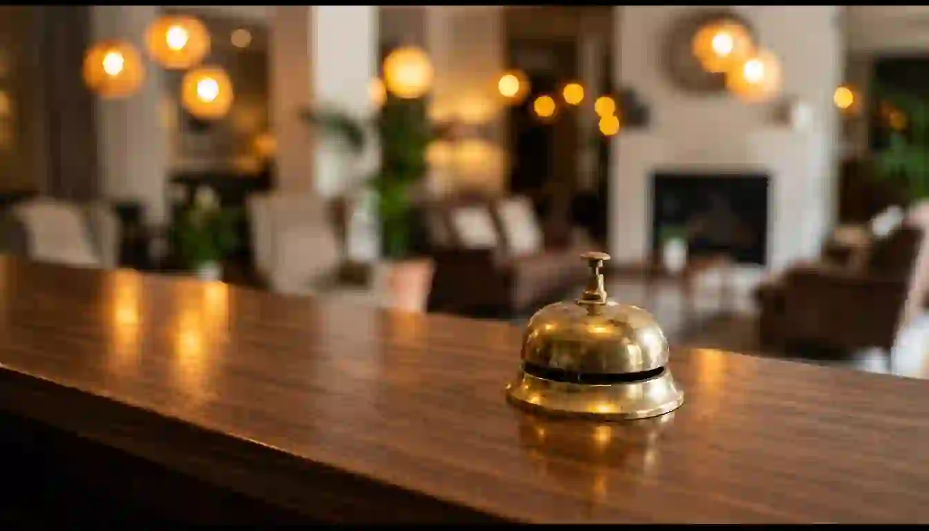 El soporte de tu software es parte del servicio que vendes: alguien tiene que salir cuando suena Timbre de recepción de latón sobre un mostrador de madera barnizada, con el vestíbulo de un pequeño hotel desenfocado al fondo y lámparas cálidas encendidas