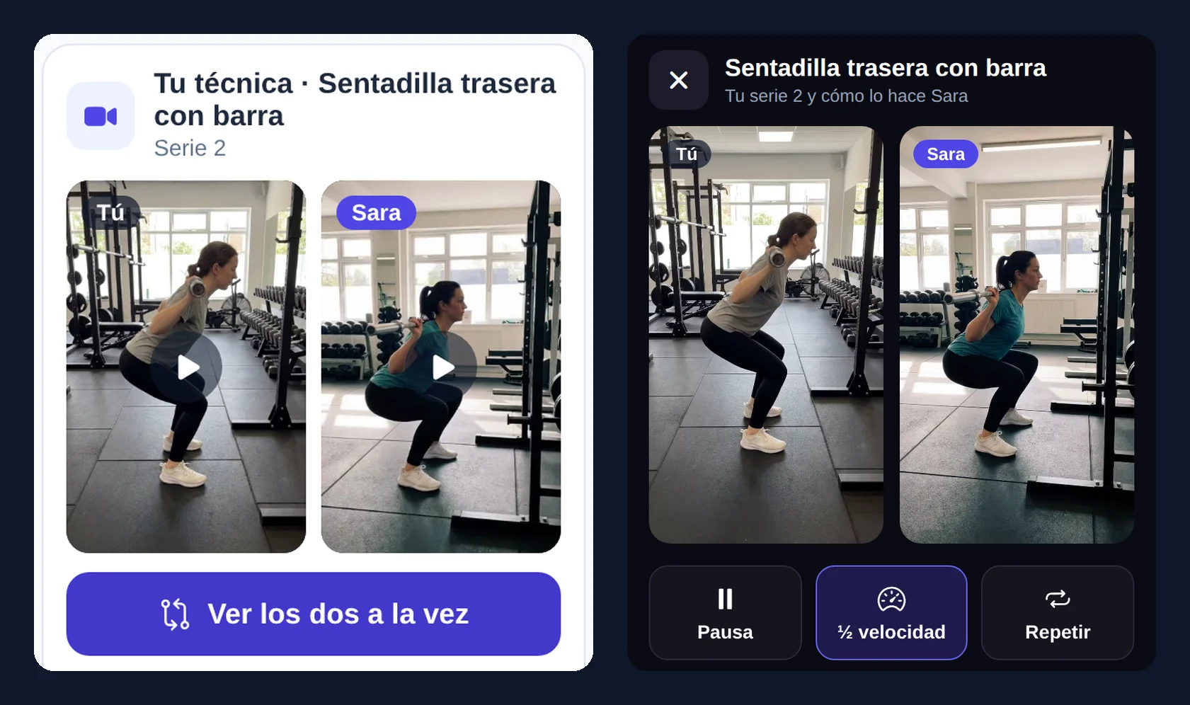 Su serie y la tuya, a la vez y a media velocidad Lo que ve la clienta en la app de TotalGains: la tarjeta «Tu técnica» en el chat con su vídeo y el de su entrenadora, y el visor «Ver los dos a la vez» con los botones Pausa, media velocidad y Repetir