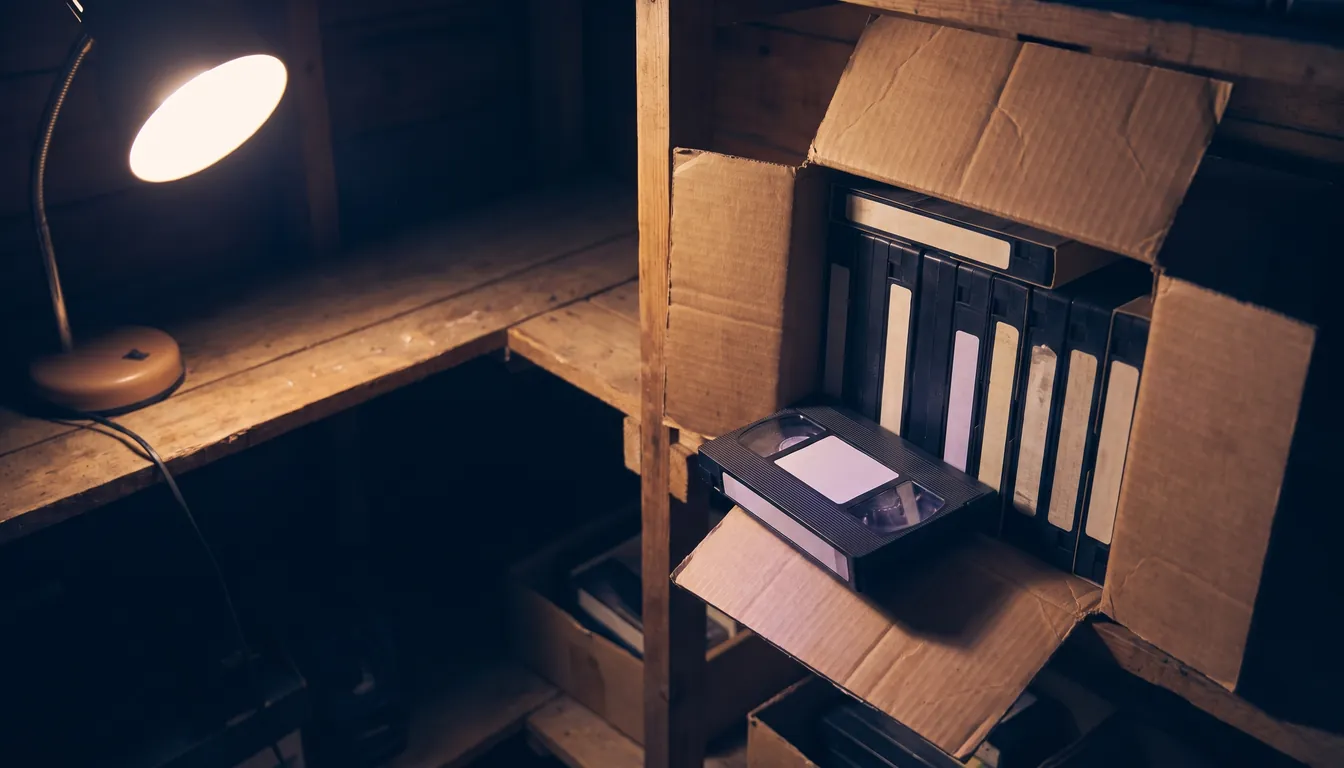 Un vídeo que nadie vuelve a mirar no corrige nada: tiene que estar donde puedas encontrarlo y compararlo Caja de cartón abierta con cintas de vídeo VHS sin etiquetar en una estantería de madera iluminada por un flexo, como los vídeos de técnica que se pierden en el chat