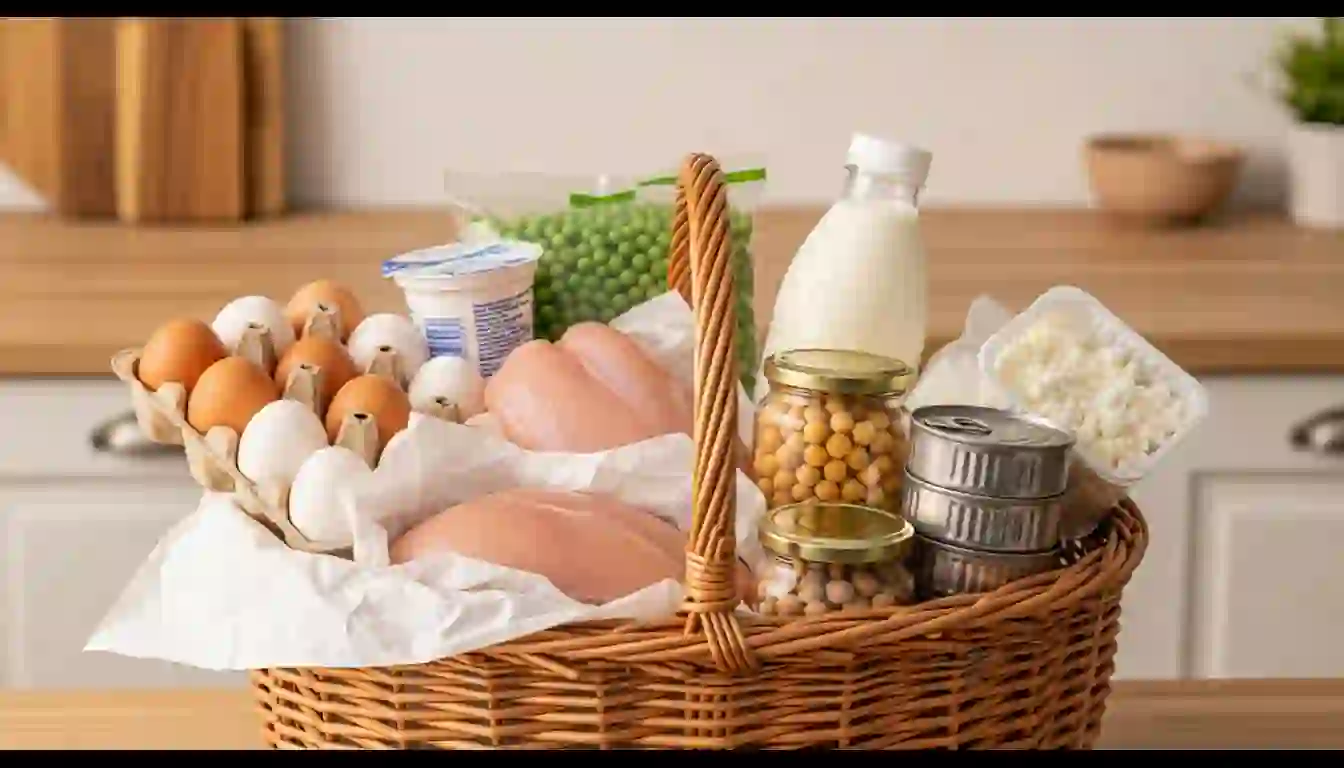 Cesta de la compra semanal con los alimentos económicos del top 10 para plan proteico de coach personal