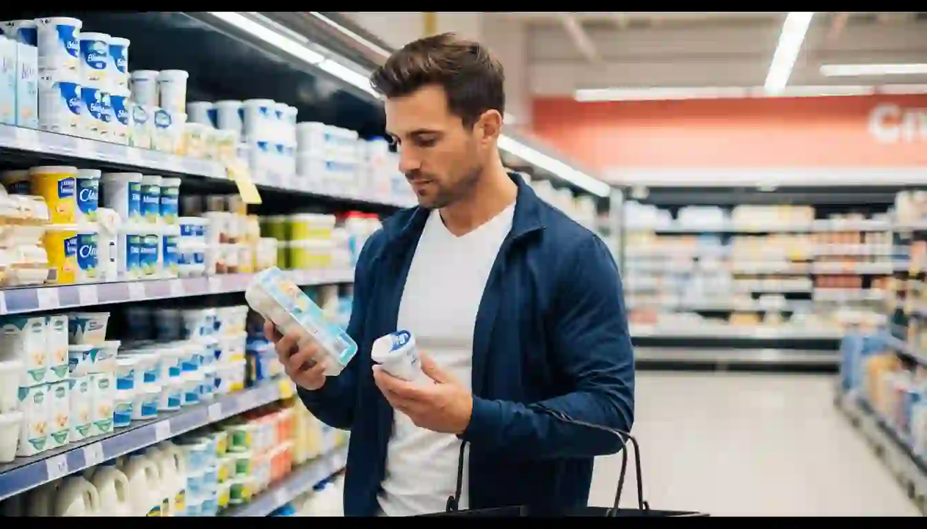 Coach personal seleccionando alimentos proteicos económicos en un supermercado español para planes de dieta de sus clientes