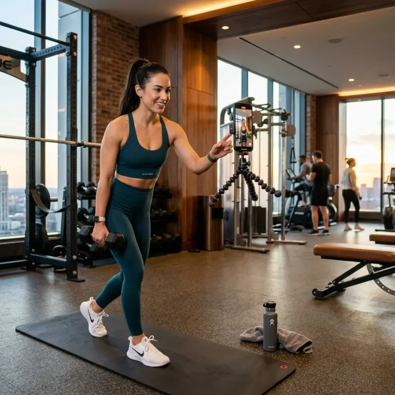 Entrenadora personal grabando contenido educativo de valor para redes sociales en el gimnasio