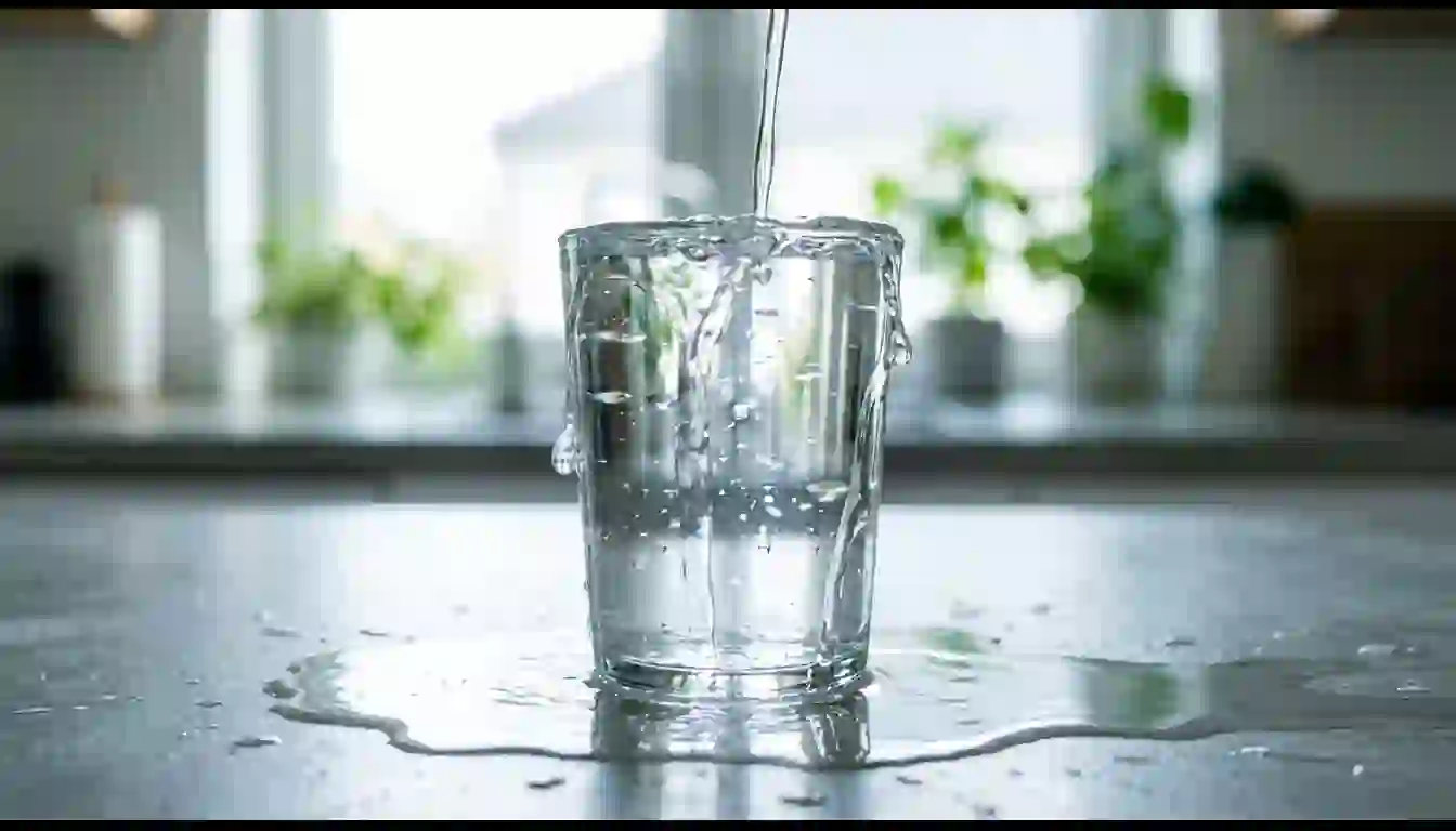 Vaso de cristal rebosando agua sobre una encimera de hormigón, con el chorro todavía cayendo y un charco extendiéndose alrededor