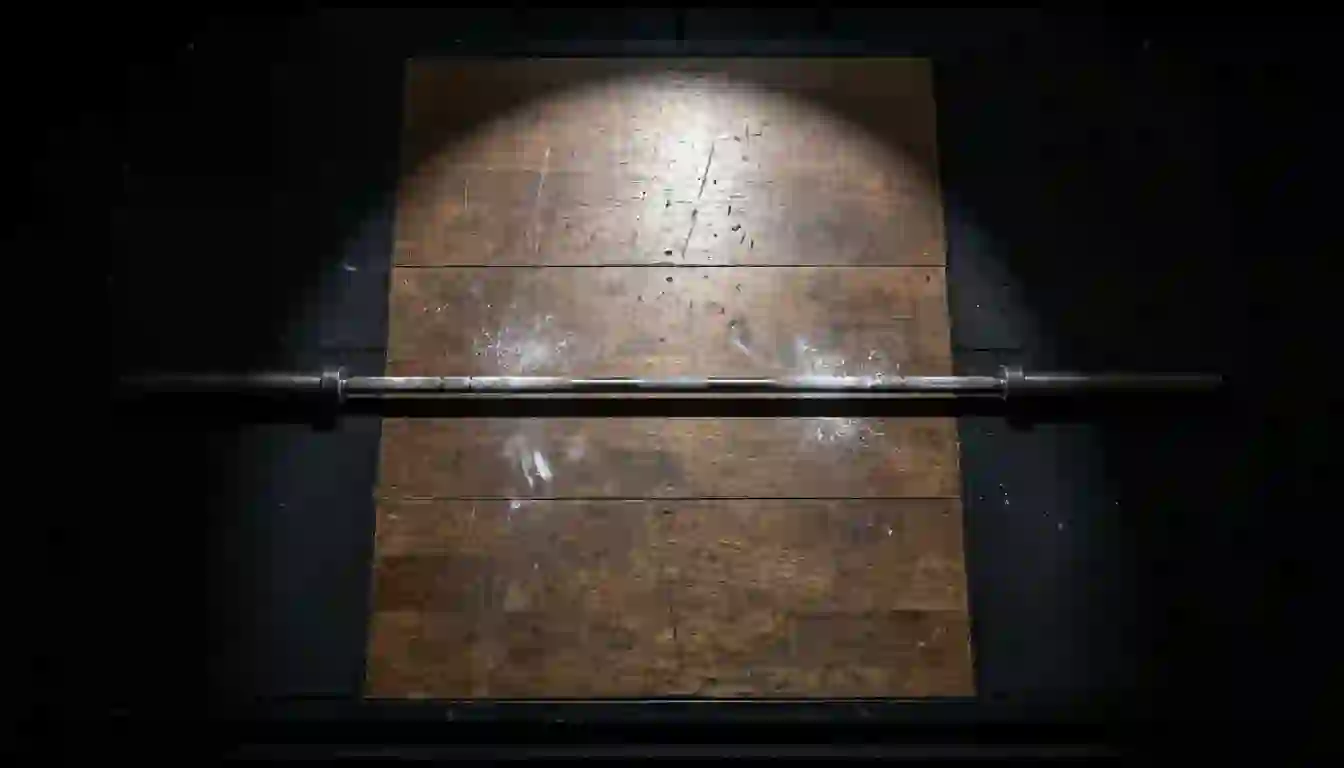 Barra olímpica vacía sobre una plataforma de halterofilia de madera con restos de magnesio, vista desde arriba bajo un único foco
