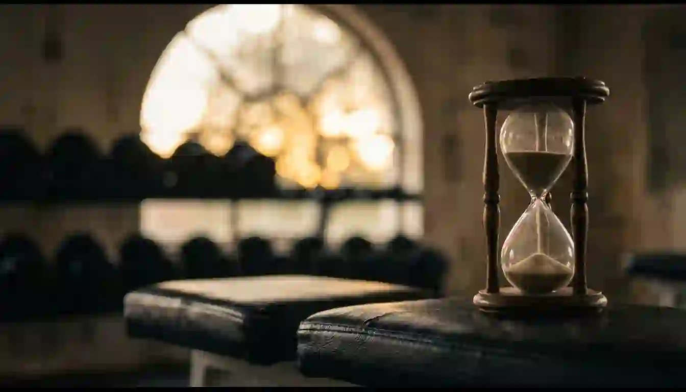 Reloj de arena de madera sobre un banco de gimnasio de cuero negro, con la sala desenfocada al fondo y luz cálida entrando por un ventanal