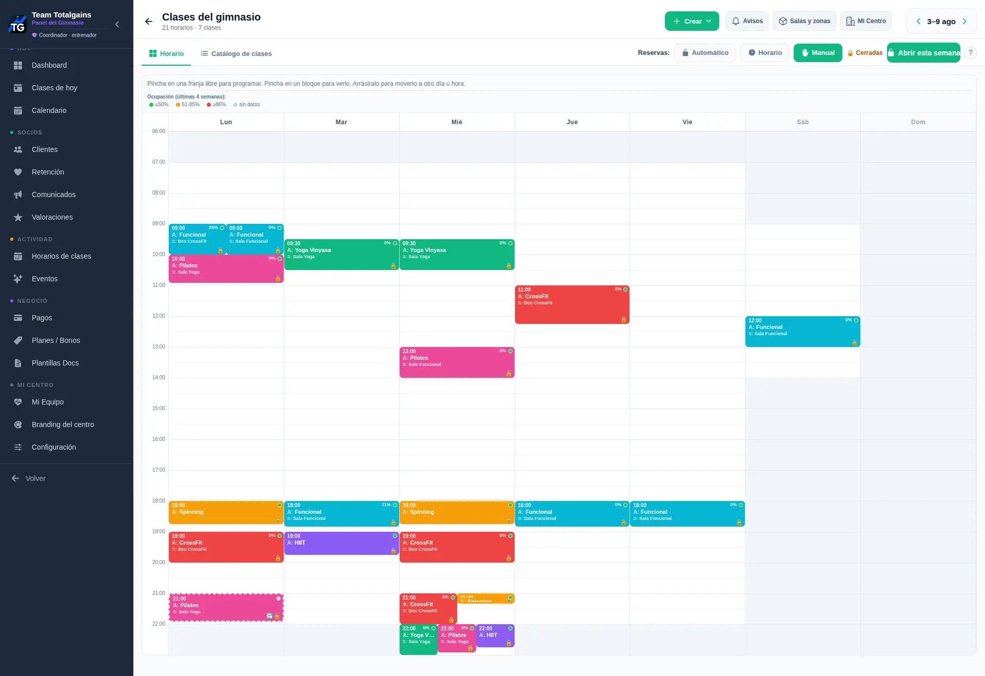 Horario completo del centro en el panel de TotalGains
