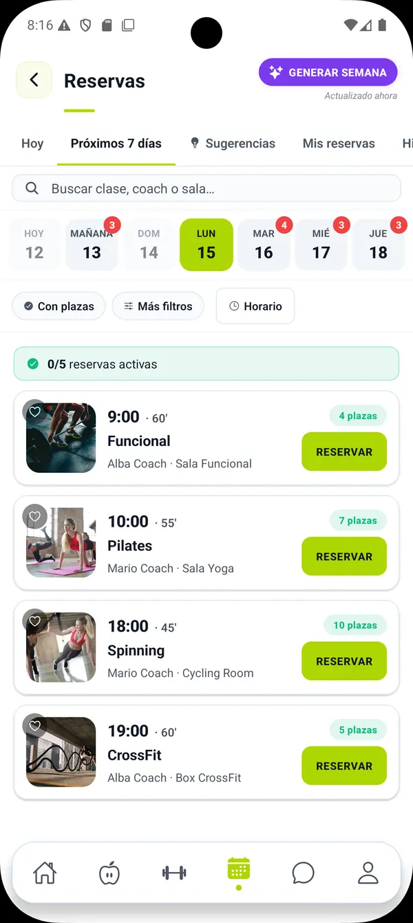 Pantalla de reservas en la app del socio
