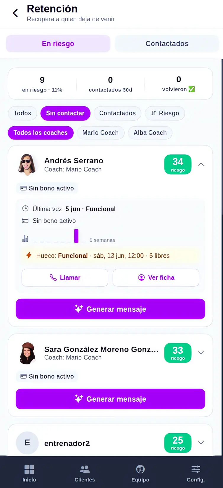 Pantalla de retención del gimnasio con los socios en riesgo y su puntuación