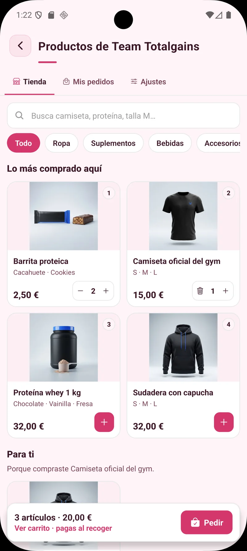 La tienda del gimnasio en la app del socio