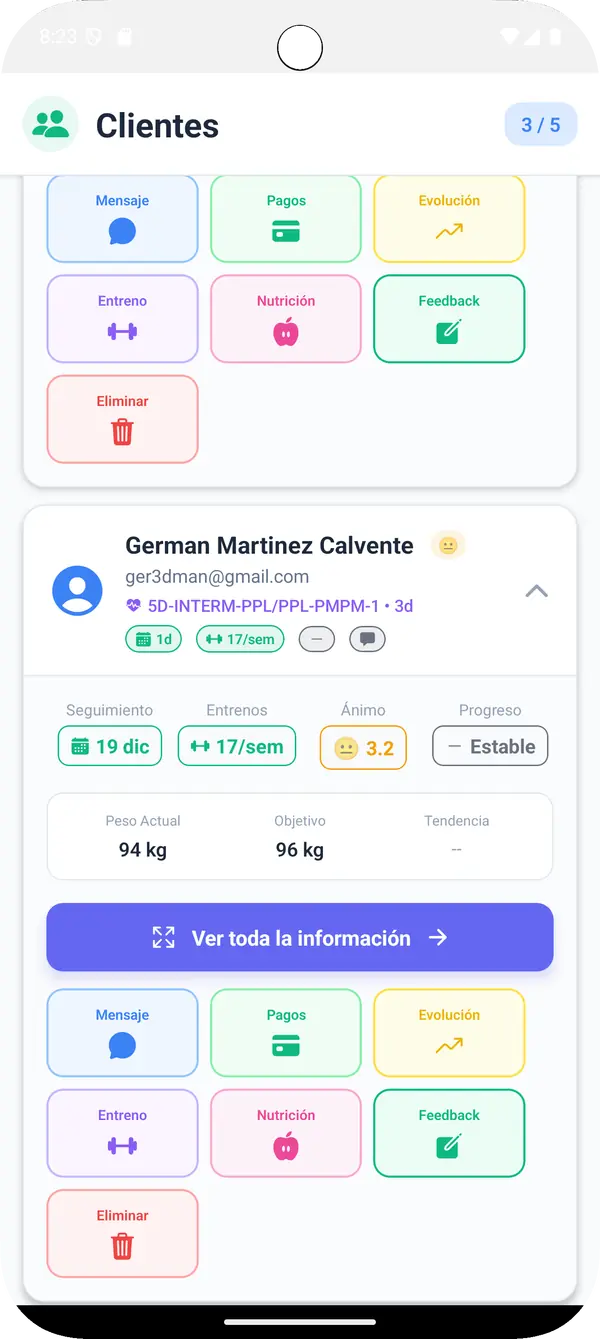 Listado de clientes en el móvil