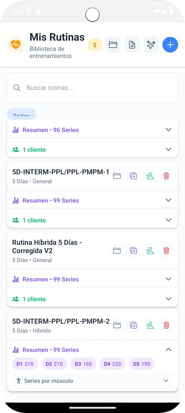 Biblioteca de rutinas de un coach